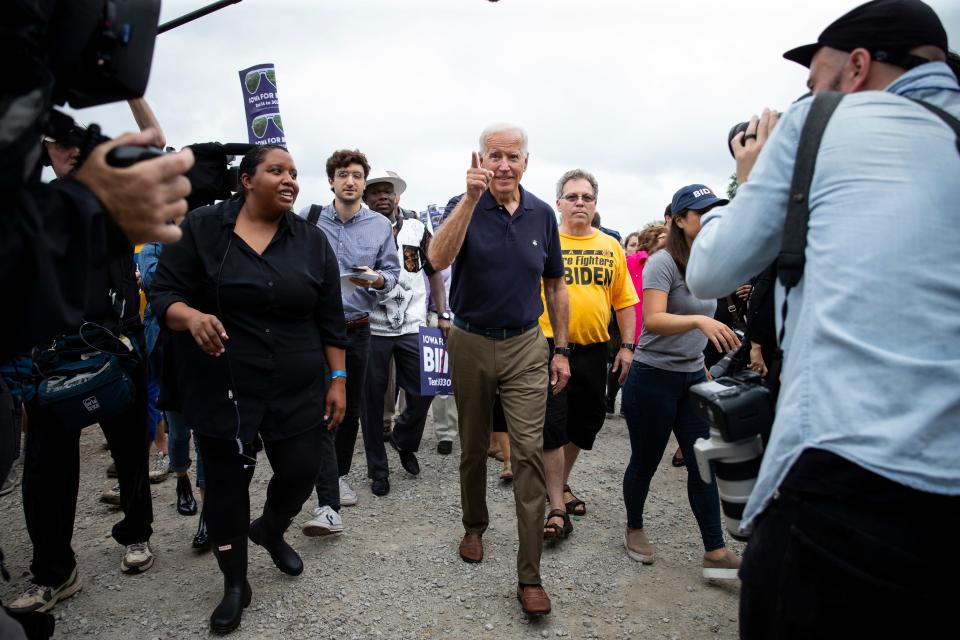 Former Vice-President and 2020 Democratic presidential candidate Joe Biden arrives for the Polk County Democrats Steak Fry in Water Works Park on Saturday, Sept. 21, 2019 in Des Moines.