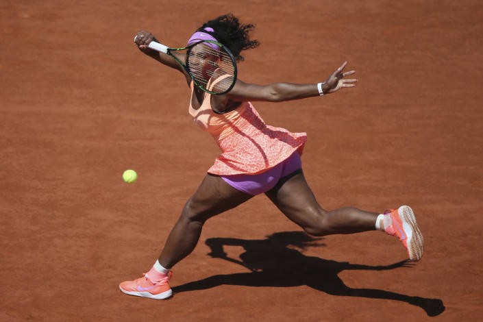 FILE - Serena Williams of the U.S. returns in the final of the French Open tennis tournament against Lucie Safarova of the Czech Republic at the Roland Garros stadium, in Paris, France, Saturday, June 6, 2015. Saying “the countdown has begun,” 23-time Grand Slam champion Serena Williams said Tuesday, Aug. 9, 2022, she is ready to step away from tennis so she can turn her focus to having another child and her business interests, presaging the end of a career that transcended sports. (AP Photo/David Vincent, File)