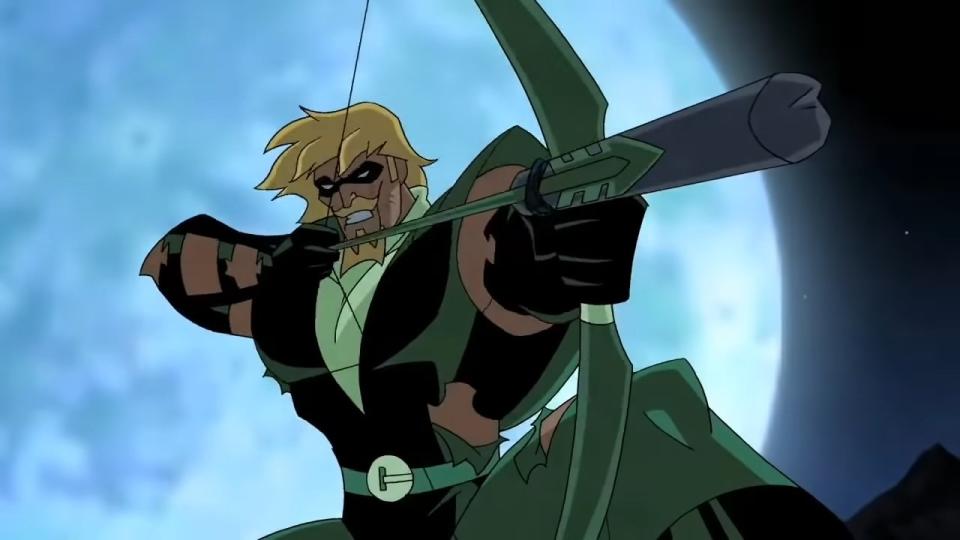 Green Arrow about to fire an arrow with the moon behind him in "Justice League"