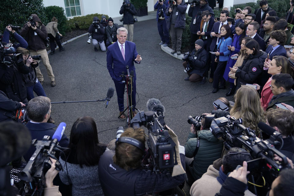 FILE - House Speaker Kevin McCarthy of Calif., talks with reporters outside the West Wing of the White House in Washington following his meeting with President Joe Biden, Wednesday, Feb. 1, 2023. (AP Photo/Susan Walsh, File)