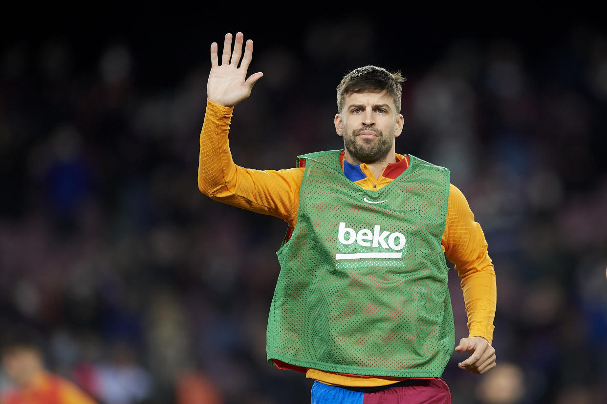 Gerard Pique of Barcelona during the warm-up before the La Liga Santander match between FC Barcelona and Sevilla FC at Camp Nou on April 3, 2022 in Barcelona, Spain. (Photo by Jose Breton/Pics Action/NurPhoto via Getty Images)