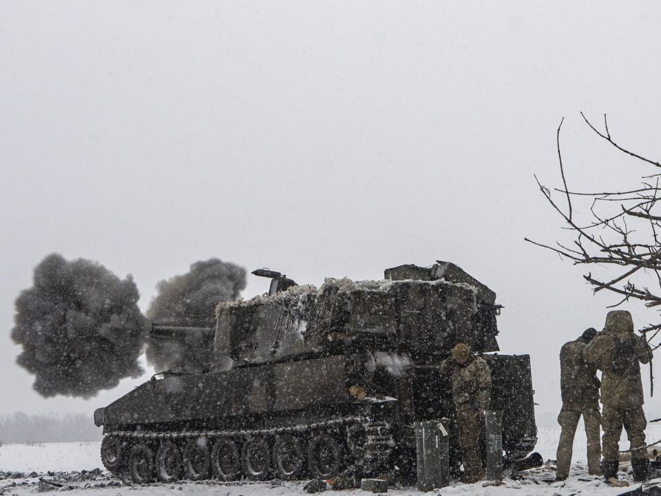 Ukrainian soldiers fire US-made "M109" self-propelled howitzer on the frontline, in Donetsk Oblast, Ukraine on February 17, 2023.