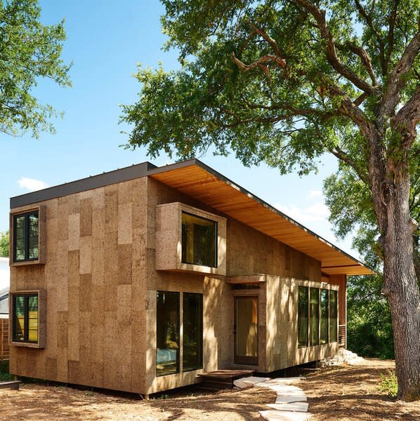 The 1,000-square-foot home is covered in cork panels produced from sustainably harvested forests in Portugal.