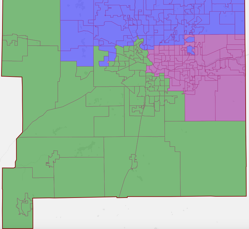 These are the current St. Joseph County commissioner districts. Blue is District 1 (Andy Kostielney); green is District 2 (Derek Dieter); and purple is District 3 (Deb Fleming).