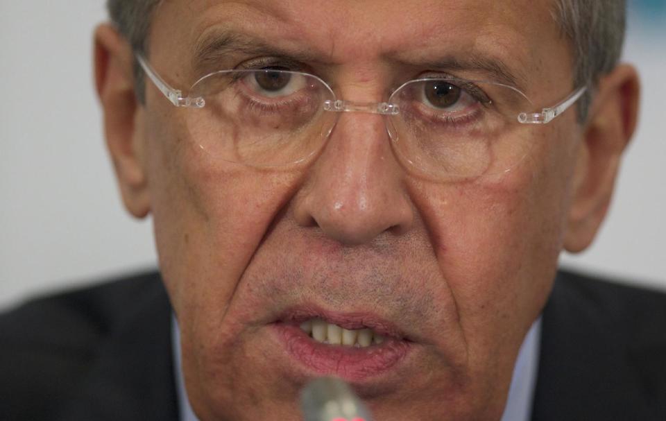 Russian Foreign Minister Sergey Lavrov speaks during a news conference after the meeting of foreign ministers from Caspian countries, in Moscow, Russia, on Tuesday, April 22, 2014. (AP Photo/Ivan Sekretarev)