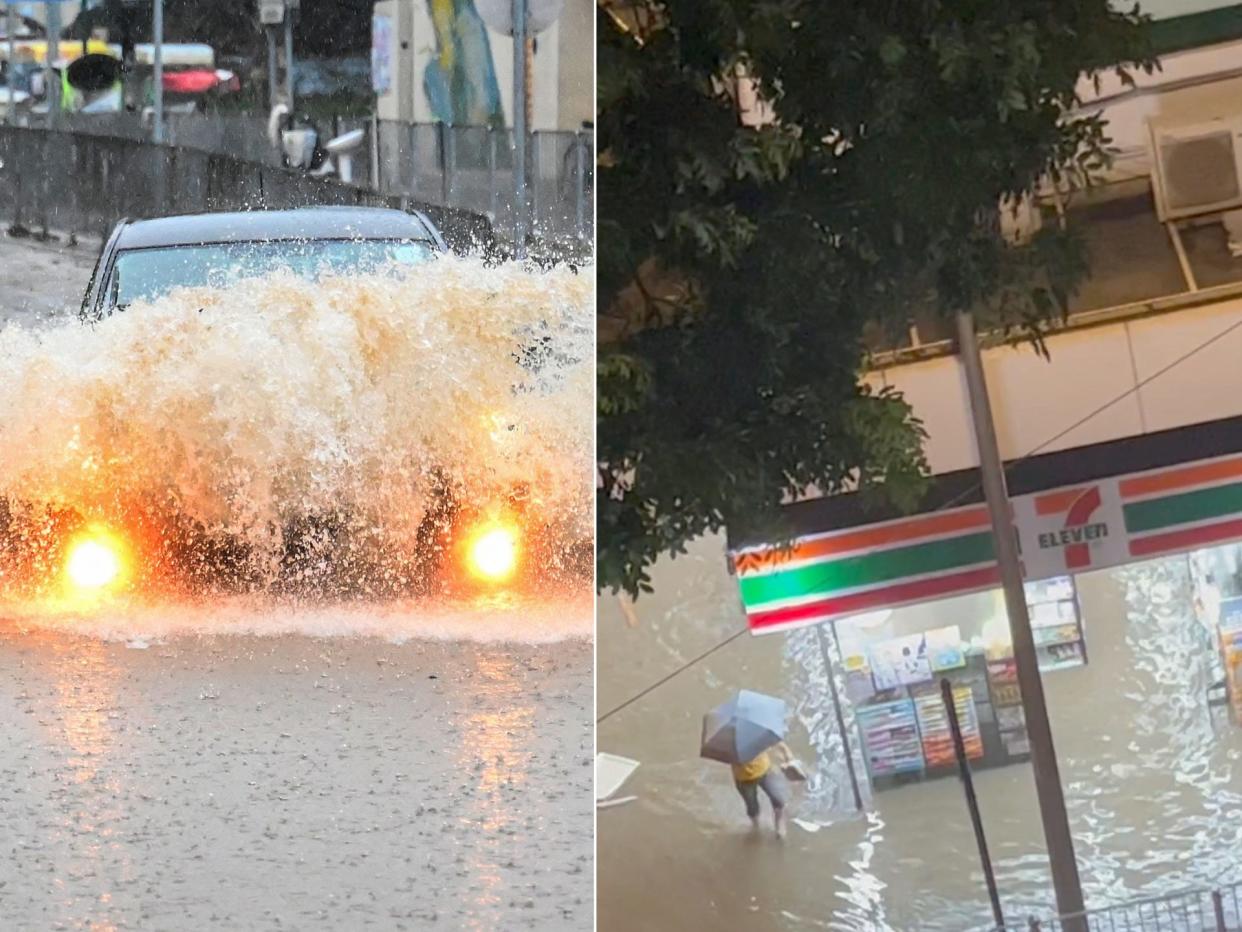 A car smashes into waters on the road in Hong Kong, and a man walks with an umbrella outside a flooded 7/11 shop in Hong Kong.
