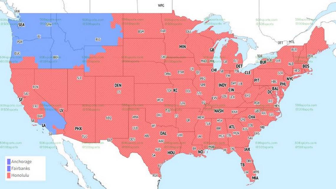 Seahawks-Chargers game will be seen in areas in blue. The rest of the nation wil see the Chiefs at 49ers.