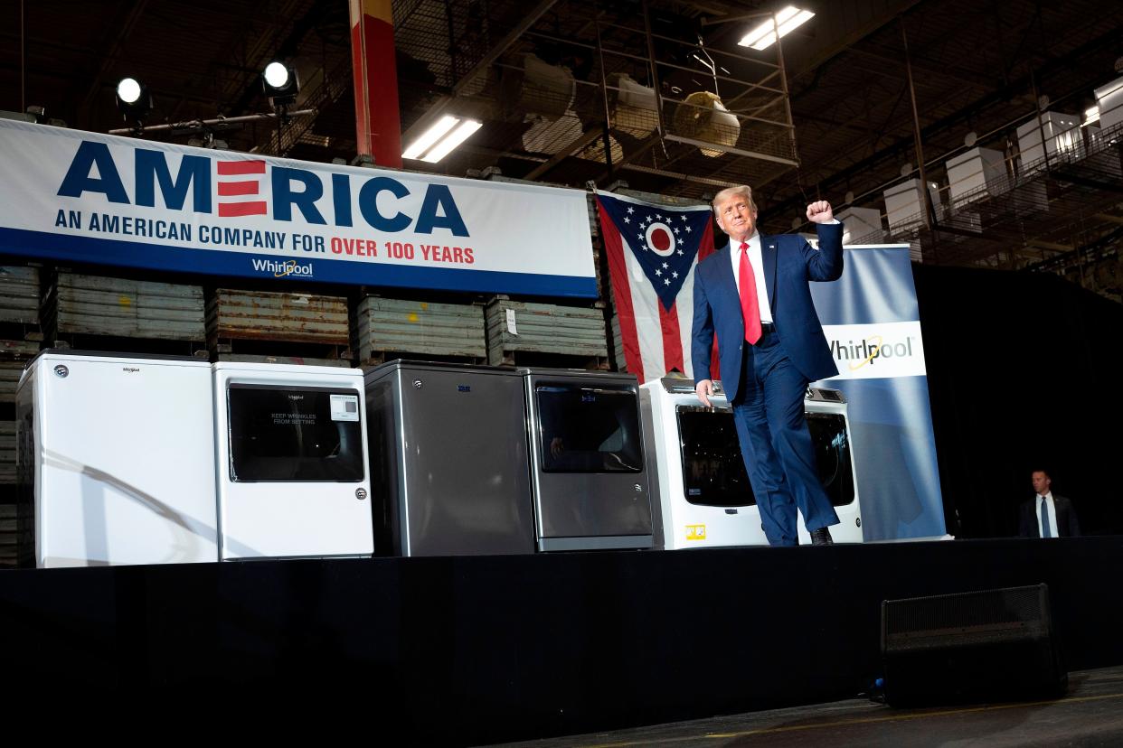 President Donald Trump arrives to deliver remarks after touring a Whirlpool manufacturing plant in Clyde, Ohio, on Thursday. (JIM WATSON/AFP via Getty Images)