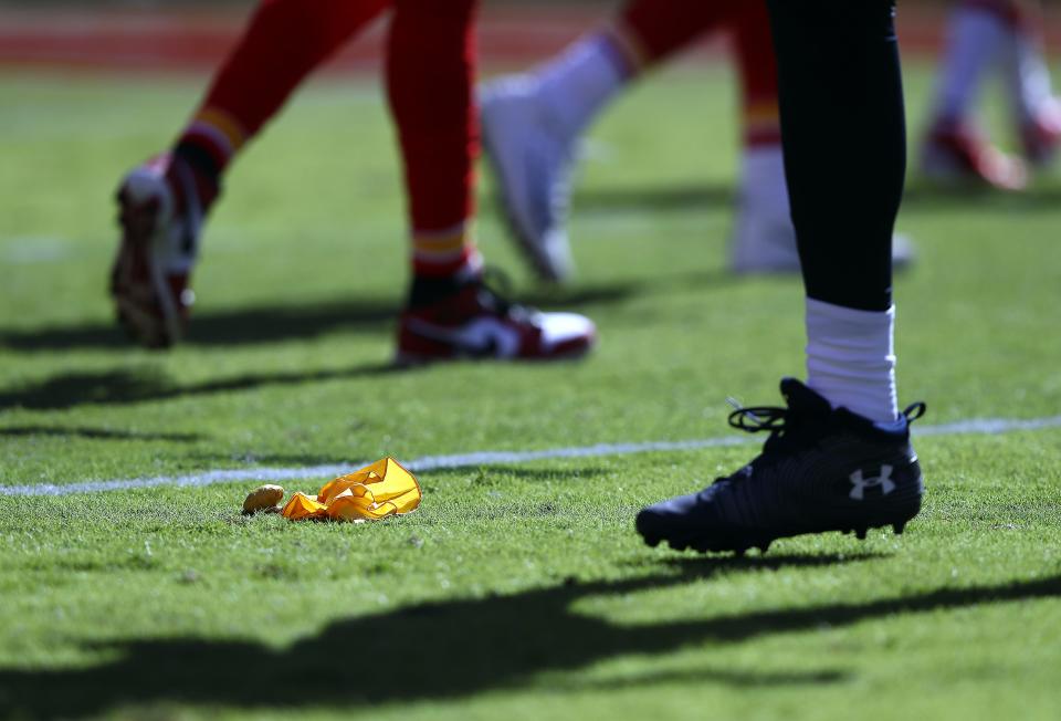 KANSAS CITY, MISSOURI - OCTOBER 13: A detail of a penalty flag during the game between the Houston Texans and the Kansas City Chiefs at Arrowhead Stadium on October 13, 2019 in Kansas City, Missouri. (Photo by Jamie Squire/Getty Images)