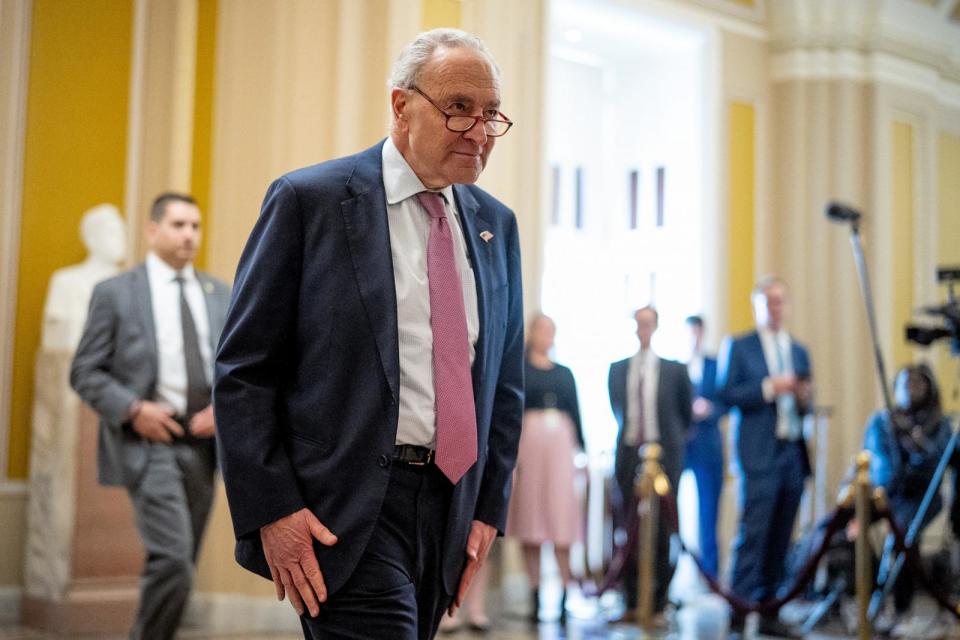 PHOTO: Senate Majority Leader Schumer (D-NY) walks towards the Senate Chamber before impeachment managers deliver the articles of impeachment against Homeland Security Secretary Mayorkas into the Senate Chamber on Capitol Hill on April 16, 2024. (Andrew Harnik/Getty Images)