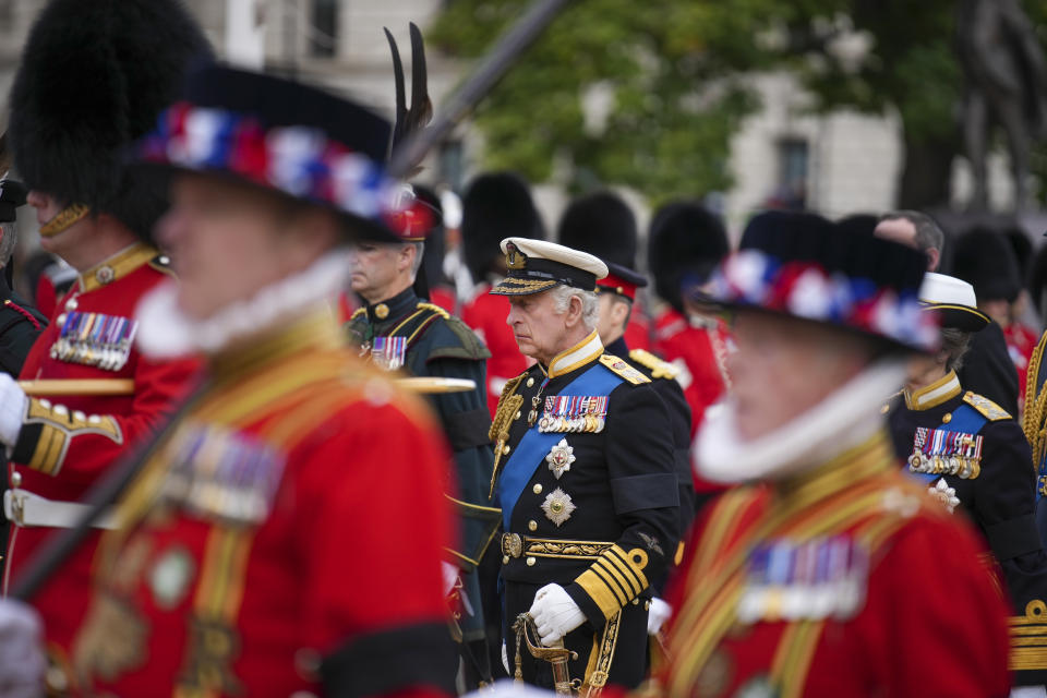 <p>King Charles III follows the State Gun Carriage carrying the Queen's coffin as it leaves Westminster Hall for the state funeral at Westminster Abbey. (PA)</p> 