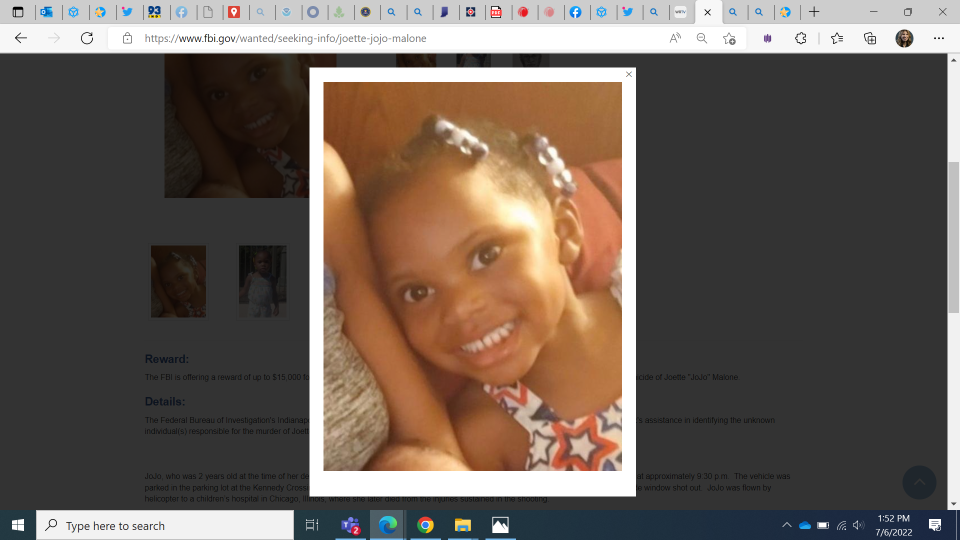 Joette Malone, 2, was shot and killed July 29, 2020 in the parking lot of the Kennedy Crossing apartment complex in Hammond. The person responsible for her killing is unknown.