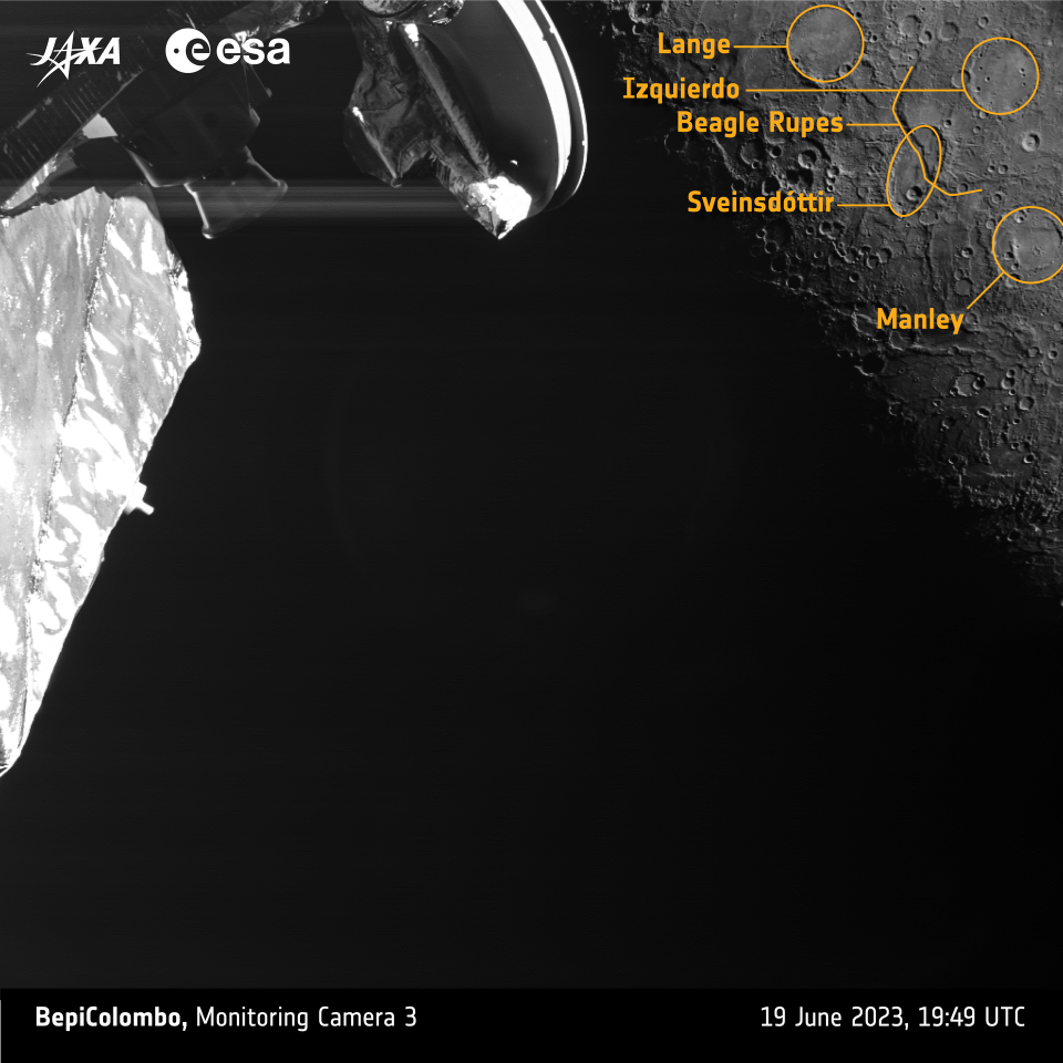 An annotated image showing the features photographed by BepiColombo.  / Credit: ESA/BepiColombo/MTM, CC BY-SA 3.0 IGO