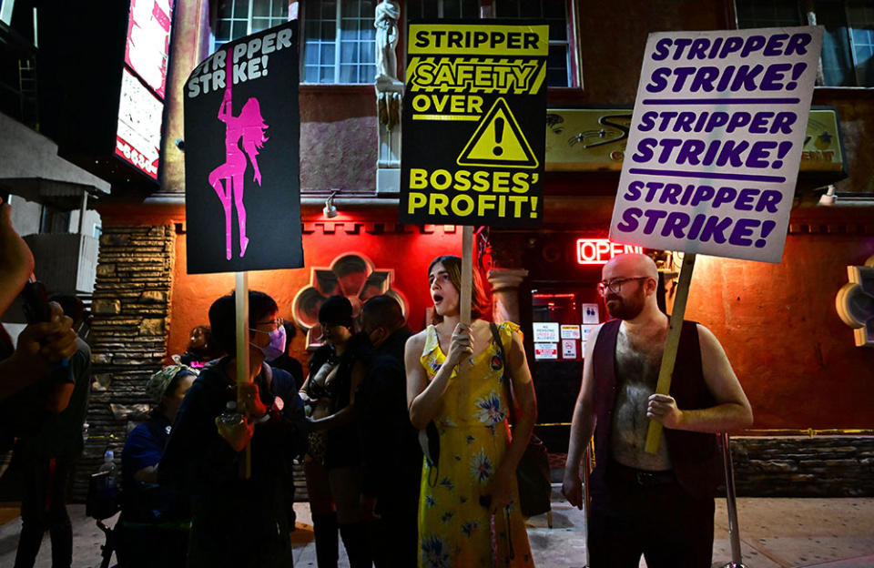 Supporters join strippers for a rally outside the Star Garden Topless Dive Bar on August 19, 2022 in North Hollywood, California.