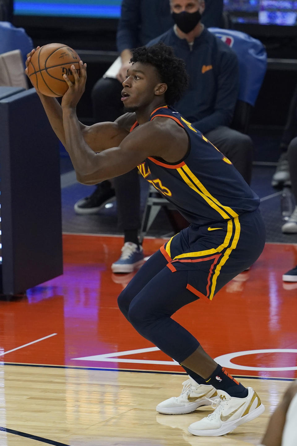 Golden State Warriors center James Wiseman shoots a 3-point basket against the Minnesota Timberwolves during the first half of an NBA basketball game in San Francisco, Wednesday, Jan. 27, 2021. (AP Photo/Jeff Chiu)