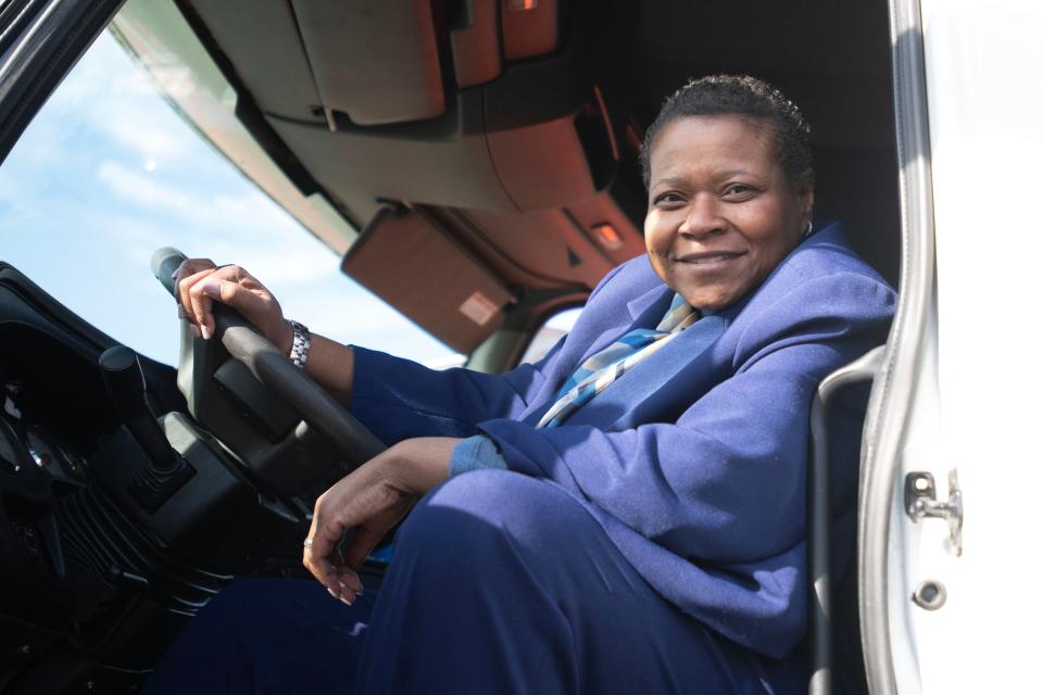 Bucks County Community College President Felicia Ganther poses for a portrait inside a truck in support of Operation Afghan Open Road, a program that trains Afghan refugees to become CDL drivers, at Bucks County Community College's Eugene and Marlene Epstein Lower Bucks campus on Thursday, Feb. 2, 2023.
(Photo: Nur B. Adam / Bucks County Courier Times)