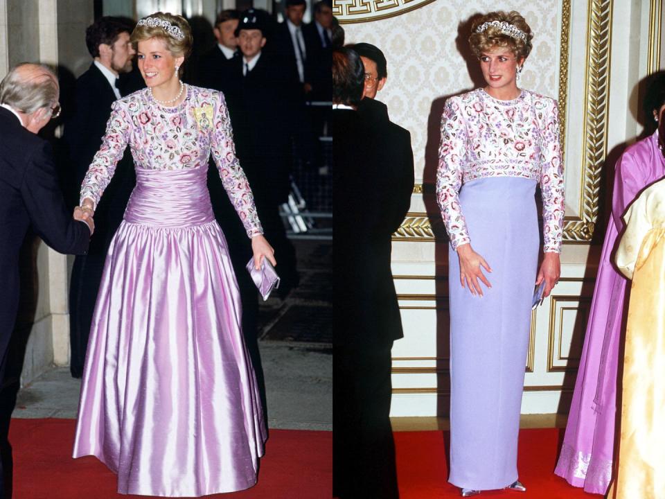 <p>Two years after Princess Diana wore a striking floral gown to meet the president of Nigeria, she wore the same top with a different skirt to a banquet in Seoul, South Korea.</p>