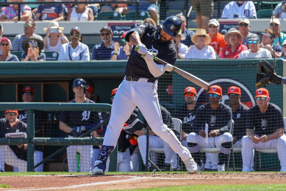 Detroit Tigers center fielder Riley Greene bats during the first inning against the Houston Astros at Publix Field at Joker Marchant Stadium on Monday, Feb. 26, 2024, in Lakeland, Florida.