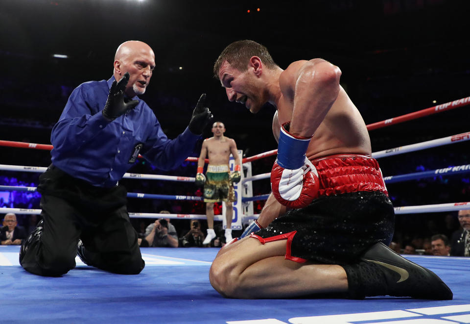 NEW YORK, NEW YORK - APRIL 20:  Teofimo Lopez knocks out Edis Tatli in the fifth round during their lightweight fight at Madison Square Garden on April 20, 2019 in New York City. (Photo by Al Bello/Getty Images)