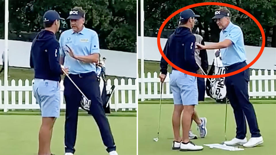 These photos show Billy Horschel and Ian Poulter in a heated exchange on the practice greens ahead of the BMW Championship in Surrey.