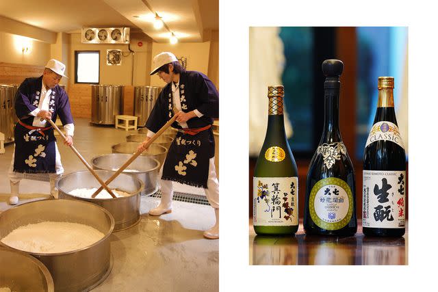 <p>Sakes of Daishichi Sake Brewery</p> Mashing the sake starter at Daishichi, a brewery founded in 1752; sakes of Daishichi Sake Brewery