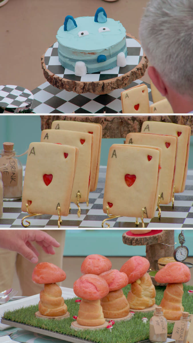 Chigs' cheshire cat cake, playing card biscuits, and bun mushrooms