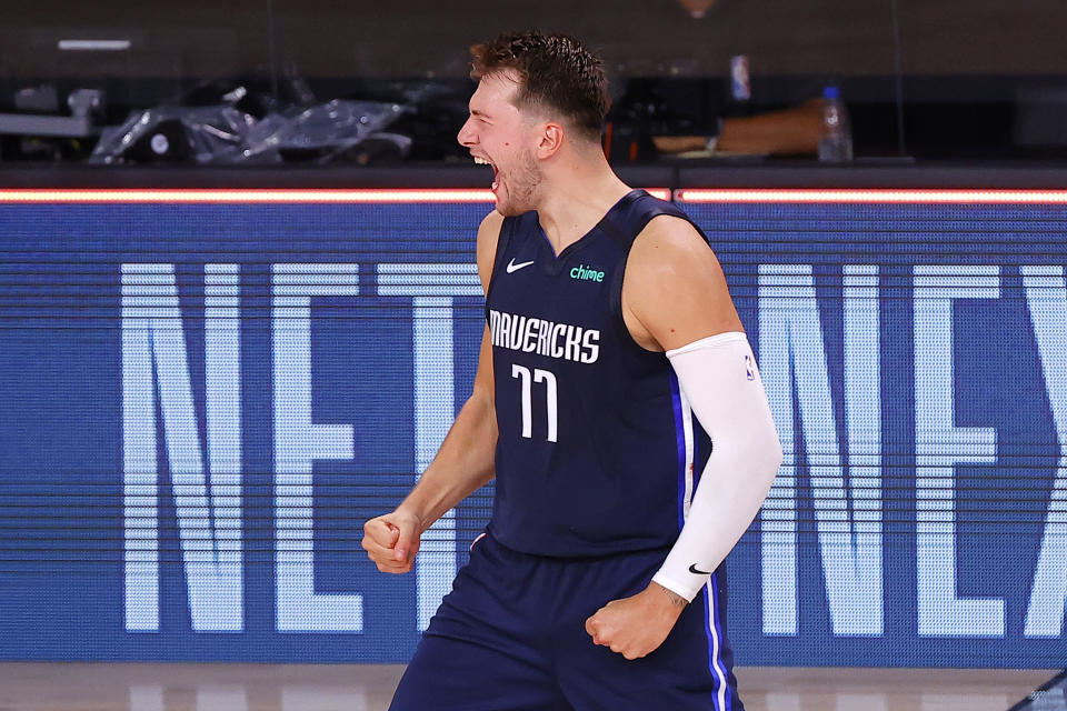 Luka Doncic celebrates his game-winning shot against the Los Angeles Clippers. (Photo by Kevin C. Cox/Getty Images)