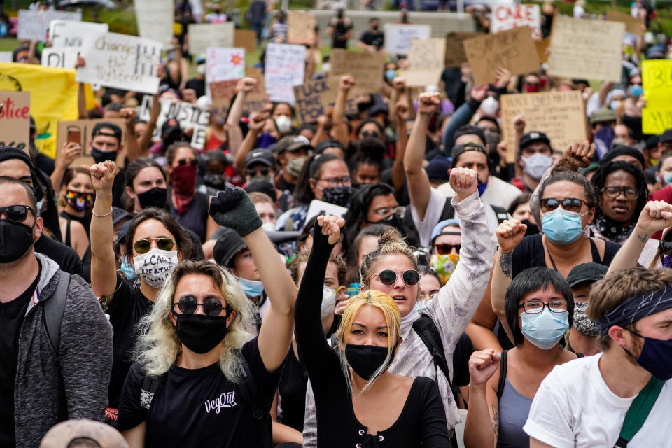 Demonstrators protest in downtown Los Angeles on June 2, 2020 | Kent Nishimura/Los Angeles Times—Getty Images