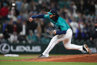 Seattle Mariners relief pitcher Andrés Muñoz throws to an Arizona Diamondbacks batter during the ninth inning of a baseball game Saturday, April 27, 2024, in Seattle. (AP Photo/Lindsey Wasson)