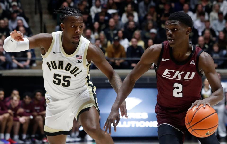 Purdue Boilermakers guard Lance Jones (55) defends Eastern Kentucky Colonels guard Leland Walker (2) during the NCAA men’s basketball game, Friday, Dec. 29, 2023, at Mackey Arena in West Lafayette, Ind.