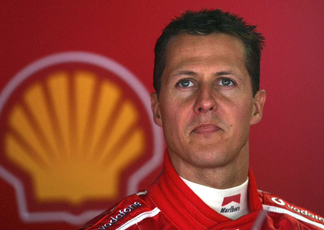 Michael Schumacher looks on in the pit on May 22, 2005 in Monte Carlo, Monaco. (Credit: Getty Images)