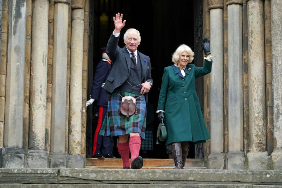 <p>As King Charles awaits his <a href="https://www.harpersbazaar.com/celebrity/latest/a41589233/king-charles-coronation-on-archie-birthday/" rel="nofollow noopener" target="_blank" data-ylk="slk:coronation;elm:context_link;itc:0;sec:content-canvas" class="link ">coronation</a> on May 6, 2023, he continues to fulfill royal duties. Here, he and Queen Consort Camilla celebrate Dunfermline Abbey's 950th anniversary in Scotland.</p>