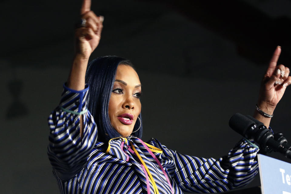 Actress Vivica A. Fox calls out for Democratic presidential candidate and former Vice President Joe Biden before he speaks at Tougaloo College in Tougaloo, Miss., Sunday, March 8, 2020. (AP Photo/Rogelio V. Solis)