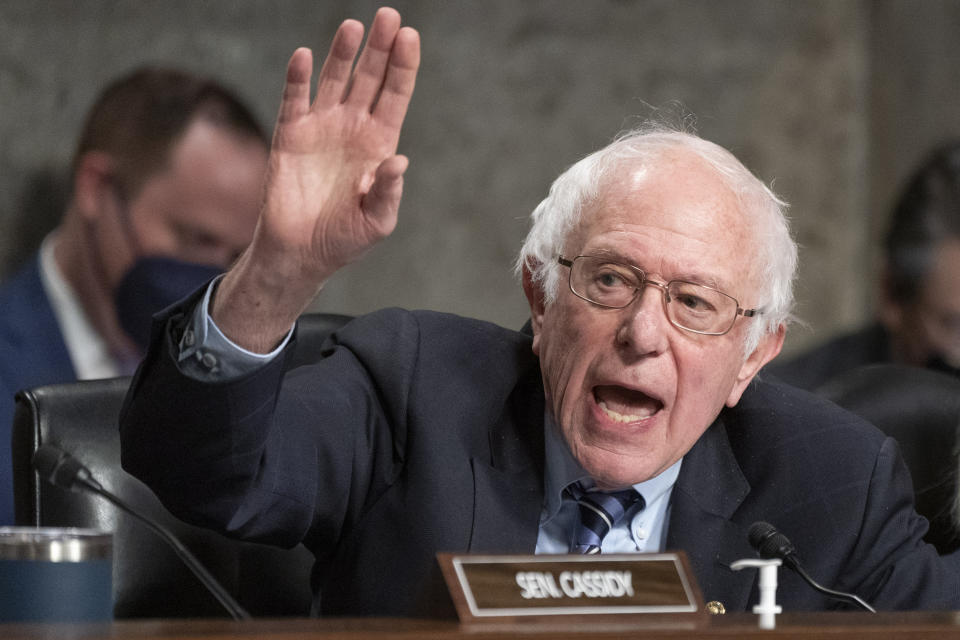 FILE - Senate Health, Education, Labor and Pensions Committee Chair Sen. Bernie Sanders, I-Vt., responds to another Senator's remarks during testimony by former Starbucks CEO Howard Schultz, Wednesday, March 29, 2023, on Capitol Hill in Washington. Sanders electrified the left with 2016 and 2020 presidential campaigns that centered on bold calls for universal, government-funded health care. But he lost each time to rivals aligned with the Democratic establishment who advocated for a more cautious approach. (AP Photo/Jacquelyn Martin, File)