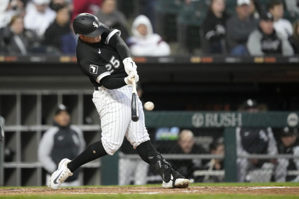 Chicago White Sox's Andrew Vaughn hits a home run off Cleveland Guardians starting pitcher Peyton Battenfield during the fourth inning of a baseball game Wednesday, May 17, 2023, in Chicago. (AP Photo/Charles Rex Arbogast)