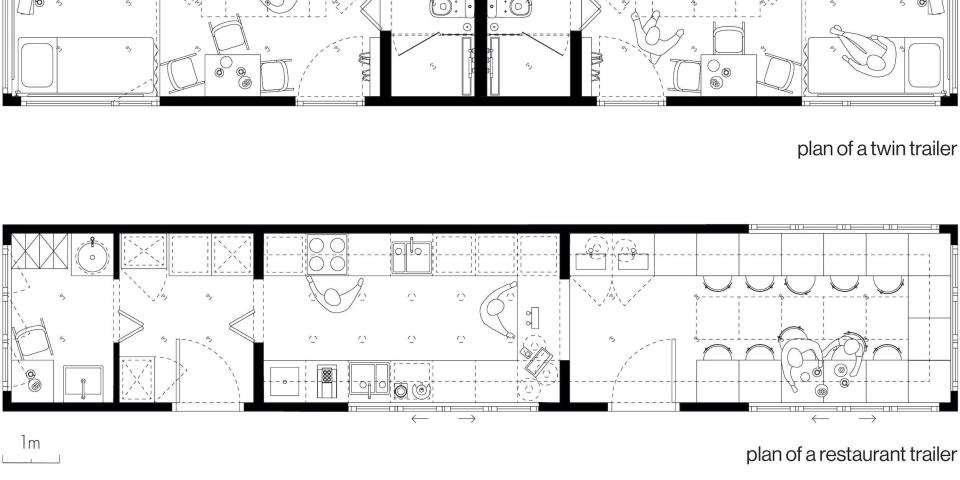 floor plans for four Good Spot mobile hotel rooms