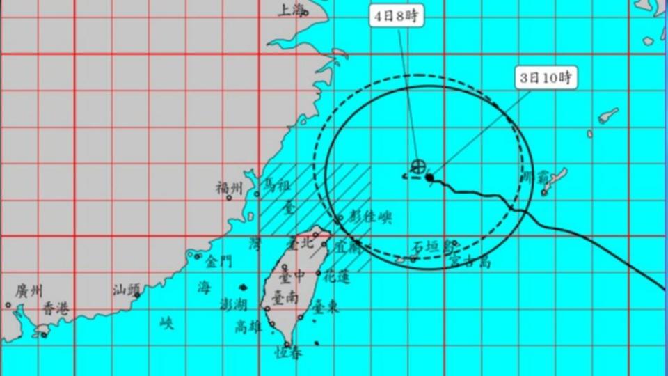 「卡努」暴風圈正逐漸進入臺灣北部近海及東北部近海，對新北、臺北、基隆及宜蘭將構成威脅。（圖／翻攝自報天氣－中央氣象局臉書）