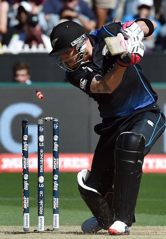 Brendon McCullum is bowled by Mitchell Starc for a duck in Melbourne on March 29, 2015