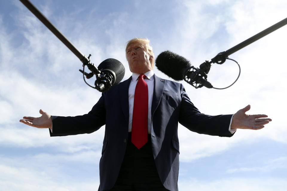 President Donald Trump speaks about Turkey as he arrives at Naval Air Station Joint Reserve Base in Fort Worth, Texas, Thursday, Oct. 17, 2019. (AP Photo/Andrew Harnik)