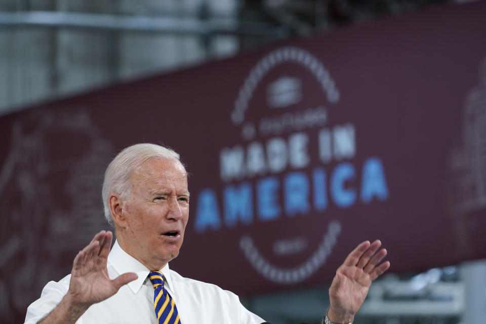 President Joe Biden speaks during a visit to the Lehigh Valley operations facility for Mack Trucks in Macungie, Pa., Wednesday, July 28, 2021. (AP Photo/Susan Walsh)
