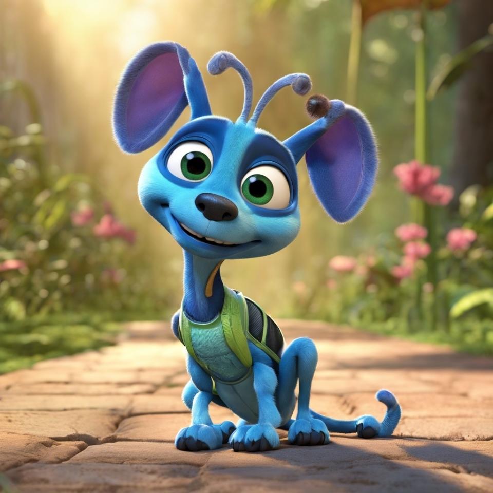 3d AI-generated image of Flik from Bug's Life as a dog with a backpack, smiling on a sunny path