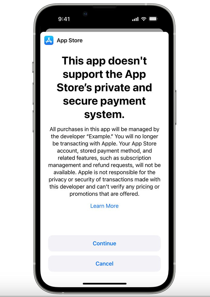 A version of the screen Apple app users will see if they want to pay for things without using Apple's App Store.