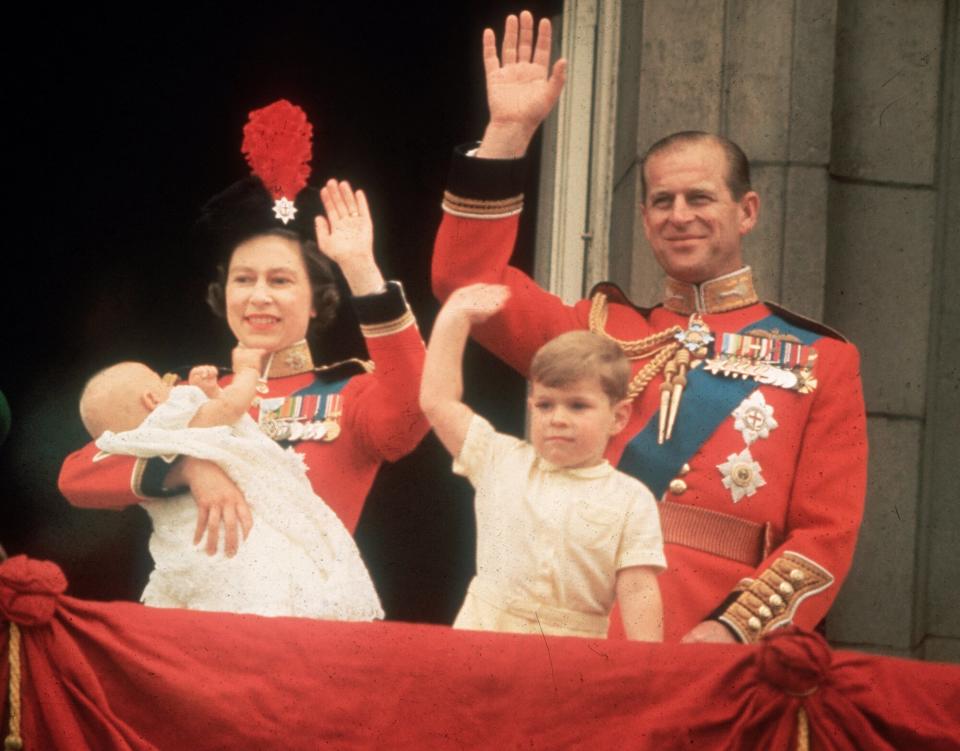 Queen Elizabeth, Prince Philip, Prince Andrew and Prince Edward waving to the crowds from the balcony at Buckingham Palace, during the Trooping of the Colour