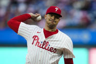 Philadelphia Phillies' Taijuan Walker pitches during the first inning of a baseball game against the San Francisco Giants, Sunday, May 5, 2024, in Philadelphia. (AP Photo/Matt Rourke)