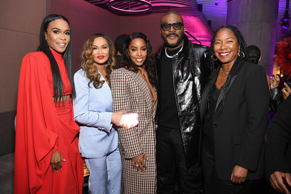 Michelle Williams, Tina Knowles, Kelly Rowland, Tyler Perry, and Niija Kuykendall attend Tyler Perry's Mea Culpa Premiere at The Paris Theatre on February 15, 2024 in New York City.