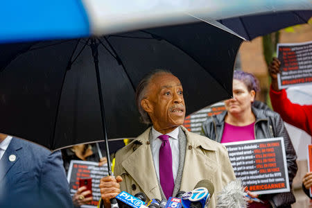 Rev. Al Sharpton speaks to the media during a break at the disciplinary trial of police officer Daniel Pantaleo in relation to the death of Eric Garner at 1 Police Plaza in the Manhattan borough of New York, New York, U.S., May 13, 2019. REUTERS/David 'Dee' Delgado