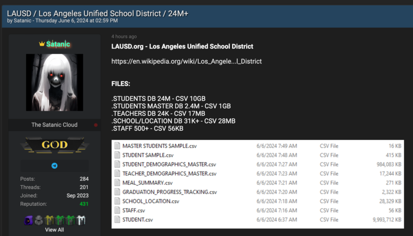 A post on the BreachForums marketplace listed a trove of Los Angeles Unified School District records for sale for $1,000. (Screenshot)