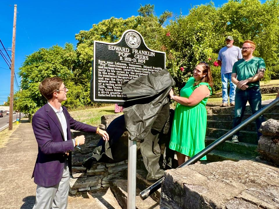 Mayor Chaz Molder and South Central Tennessee Development District Historical Preservationist Sarah Elizabeth McLeod unveil Columbia's latest historical marker dedicating Pop Geers Memorial Park at West 7th Street on Thursday, June 23, 2022.