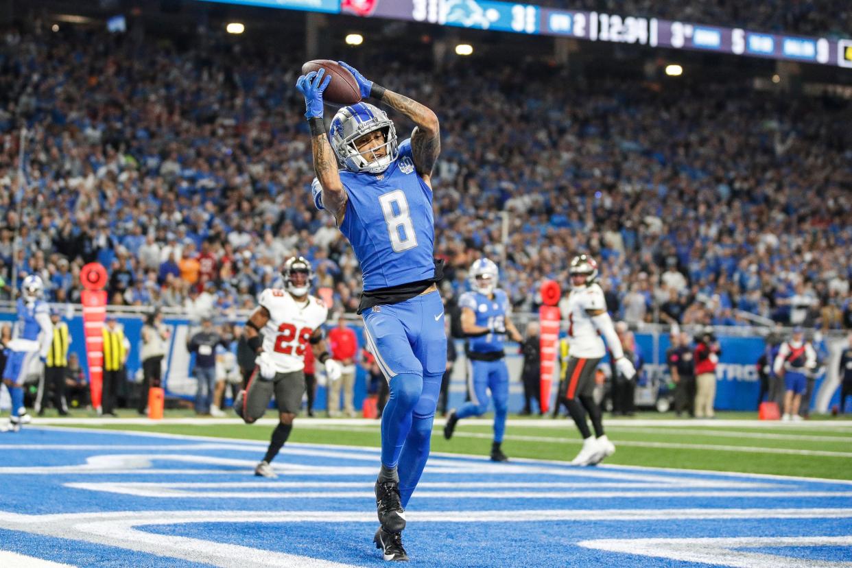 Detroit Lions wide receiver Josh Reynolds makes a catch against the Tampa Bay Buccaneers for a touchdown during the first half of the NFC divisional round playoff game at Ford Field in Detroit on Sunday, Jan. 21, 2024.