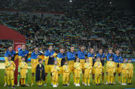 Ukraine players sing national anthem prior the Euro 2024 qualifying play-off soccer match between Ukraine and Iceland, at the Tarczynski Arena Wroclaw in Wroclaw, Poland, Tuesday, March 26, 2024. (AP Photo/Czarek Sokolowski)